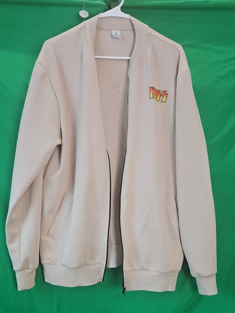 XL Kiss Beige Bomber Jacket with Orange-Yellow Logo